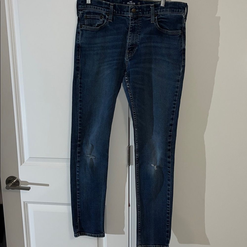 Distressed Hollister Epic Flex skinny Denim Blue Jeans 33x31 w/holes 5 pocket